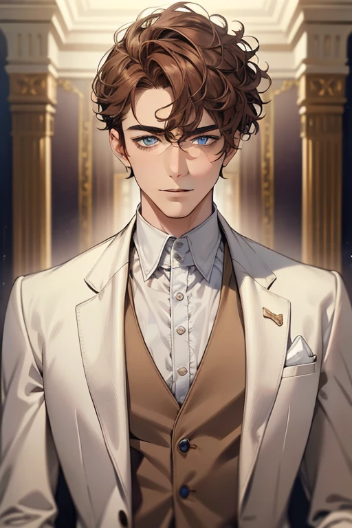 masterpiece, best quality, realistic, 1man, mature male, quiet and charming mature  man, 34 years old, adorable, closed mouth, portrait, extremely detailed face, soft smile, ((dark amber  blue eyes)), ((short-sides-swept curly light brown hair)), [thick eyebrows], living-room, ((white suit))