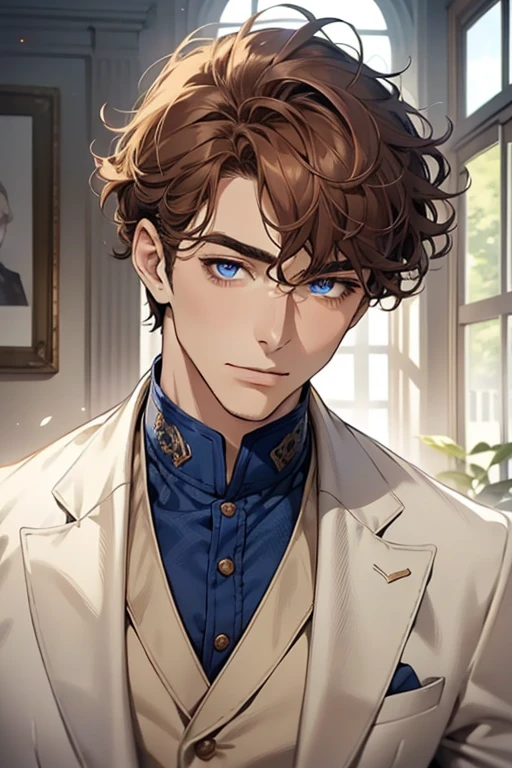 masterpiece, best quality, realistic, 1man, mature male, quiet and charming mature  man, 34 years old, adorable, closed mouth, portrait, extremely detailed face, soft smile, ((dark amber  blue eyes)), ((short-sides-swept curly light brown hair)), [thick eyebrows], living-room, ((white suit))