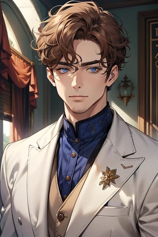 masterpiece, best quality, realistic, 1man, mature male, quiet and charming mature  man, 34 years old, adorable, closed mouth, portrait, extremely detailed face, soft smile, ((dark amber  blue eyes)), ((short-sides-swept curly light brown hair)), [thick eyebrows], living-room, ((white suit))