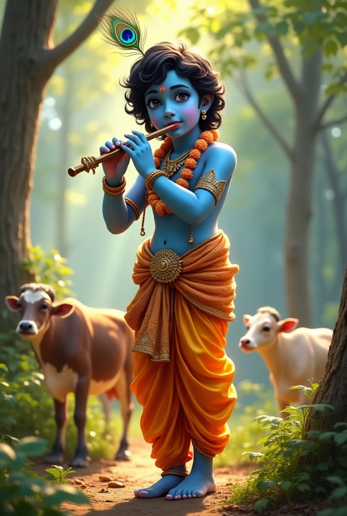 Generate an enchanting image of Lord Krishna as a young and divine figure, standing in a lush forest setting. His skin should have a radiant, sapphire-blue glow, and he should be wearing a traditional silk dhoti in a vibrant shade of orange, with intricate golden embroidery. Krishna should be adorned with a garland of fresh flowers around his neck, and a peacock feather gracefully placed in his crown. His eyes should be large, expressive, and filled with love and compassion. In one hand, he should hold his flute close to his lips as if about to play, and his other hand should rest on his hip. Surrounding him, there should be playful cows and gopis, captivated by his divine music. The background should feature tall trees with soft, dappled sunlight filtering through the leaves, creating a magical atmosphere. The scene should evoke a sense of joy, divinity, and the eternal charm of Lord Krishna."
Image Specifications:
Size: 1024x1024 (square)
Number of images: 1