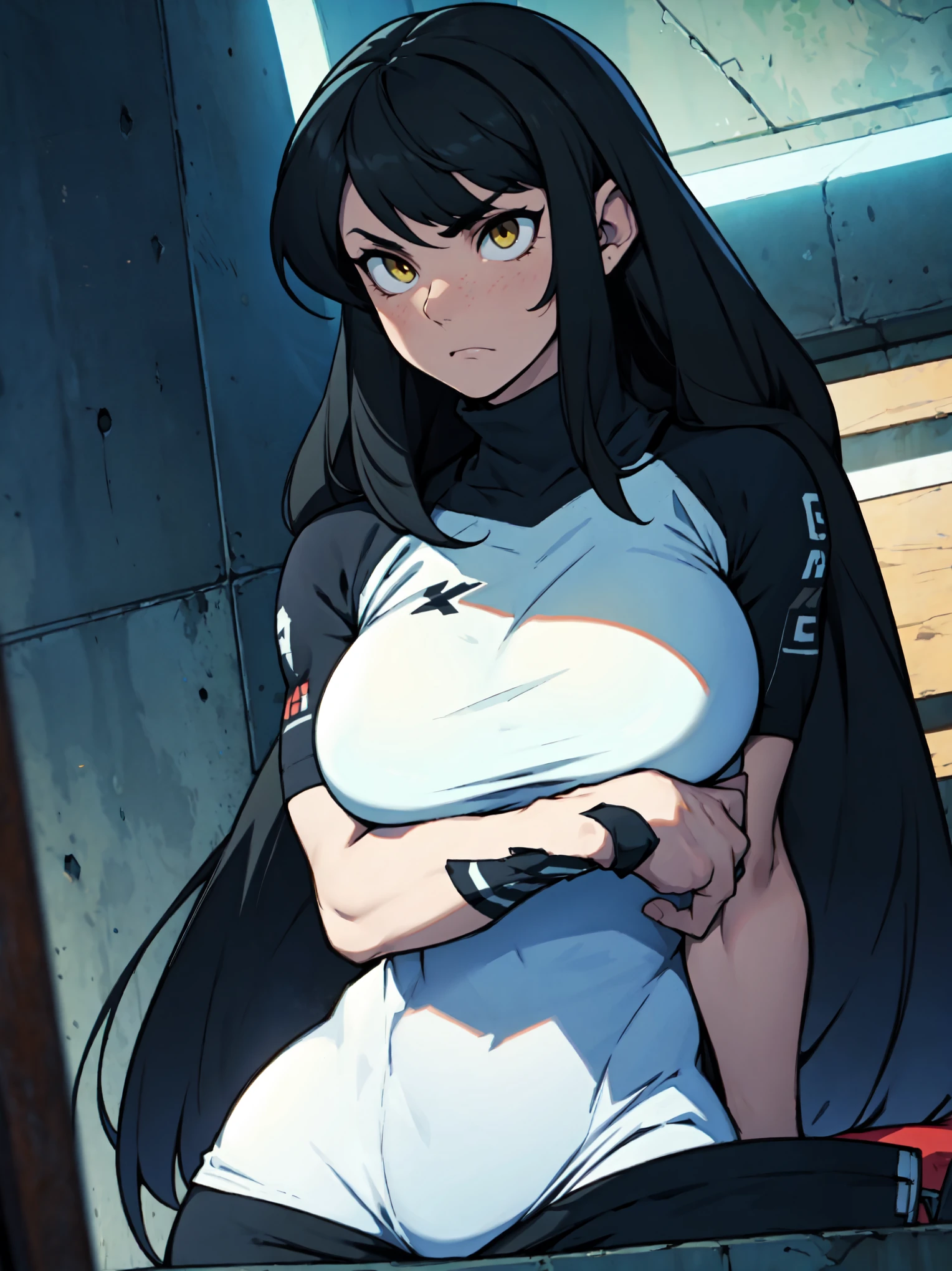 athletic build massive breasts pale skin black hair yellow eyes sad frown long hair