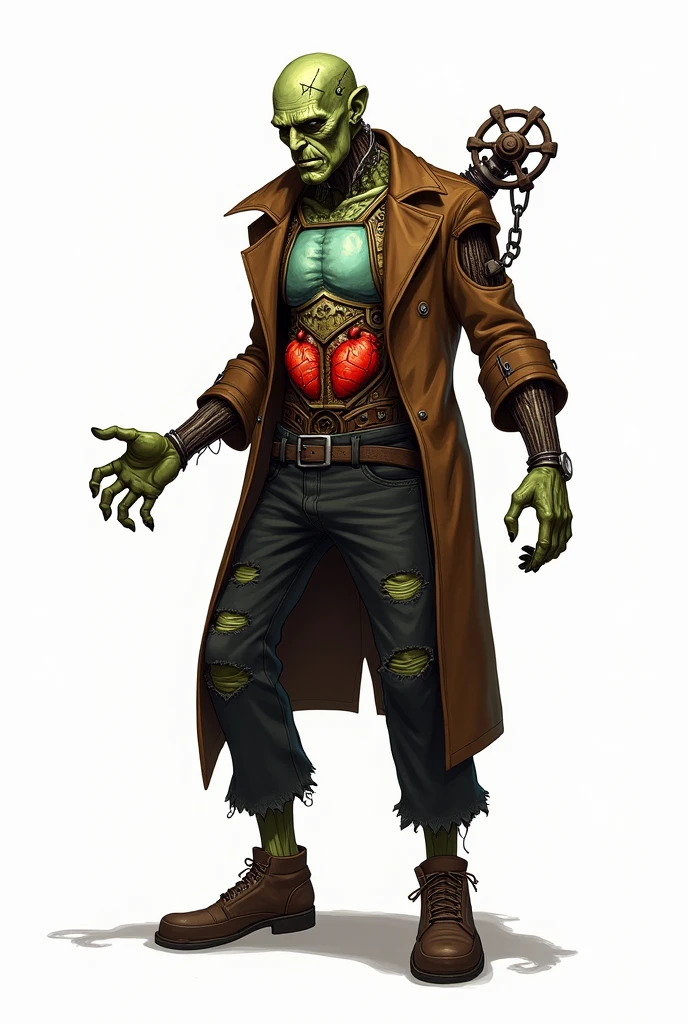 drawning, bright coloured, Frankenstein's monster, Van Helsing movie style, baldie, greenish wrinkled skin, wearing a brown overcoat with torn sleeves, ripped black pants, boots with iron piece details, rusty iron parts throughout the body, two adapted spokes on the back, glass exposing two hearts on the belly, suture marks on forehead and arms, white background, fully body
