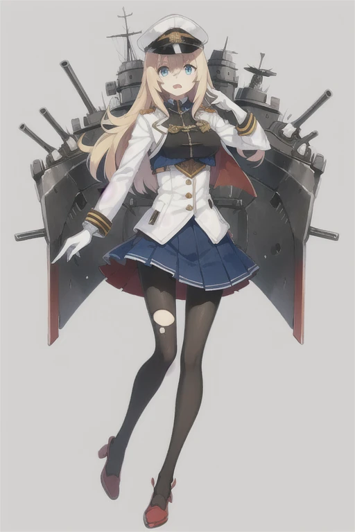 konggo \(warship girls r\),((Best quality))), ((Best quality))), ((Ultra-detailed)), ((illustration)), ((Disheveled hair)), ((frilld)), (1 girl), (Solo),,1girl, black legwear, blonde hair, blue eyes, blue skirt, broken, covering, covering breasts, damaged, gloves, hat, hat removed, headwear removed, jacket, long hair, long sleeves, looking at viewer, open mouth, pantyhose, peaked cap, rigging, shoes, skirt, solo, sword, torn clothes, torn legwear, torn shirt, torn skirt, underwear, uniform, weapon, white gloves, white headwear, white jacket, torn