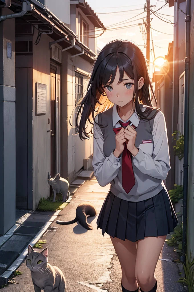 girl in school uniform petting a grey cat, alleyway, sunset, close up
