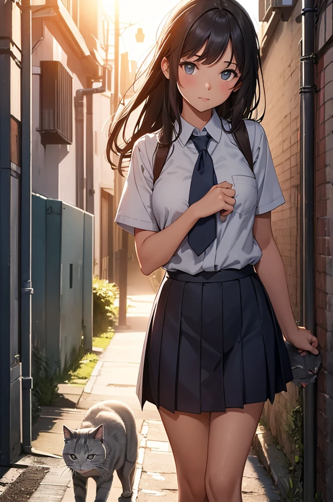 girl in school uniform petting a grey cat, alleyway, sunset, close up