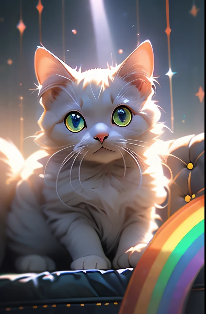 there is a cat that is sitting on a couch with a rainbow light on its face, a hologram by Bernie D’Andrea, trending on reddit, holography, cat with laser eyes, bright glowing eyes like leds, bright multiple glowing eyes, glowing laser beam eyes, awesome cat, cyborg cat, brightly glowing eyes, a cyborg cat, magical glowing eyes