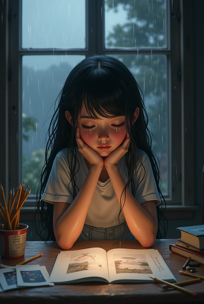 An Artist Girl having sketches around her, pencils in her hands and a photo in her hand, crying In room. But rain outside, room have window.