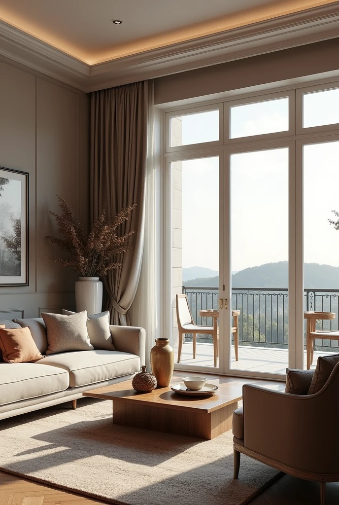 Professional 3d architecture rendering design of modern and classic living room with classic furniture and French windows and curtains and accessories