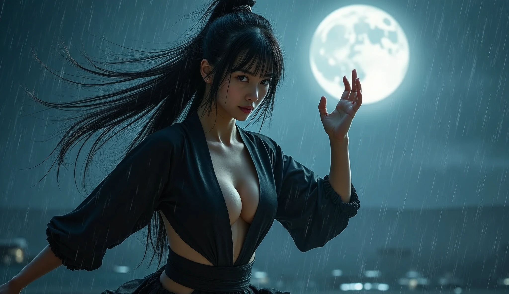 beautiful japanese woman with big boobs in revealing short ninja costume, night, big moon, moonlight, strong wind, raindrops, preparing to strike, fighting pose, confident look, kung fu