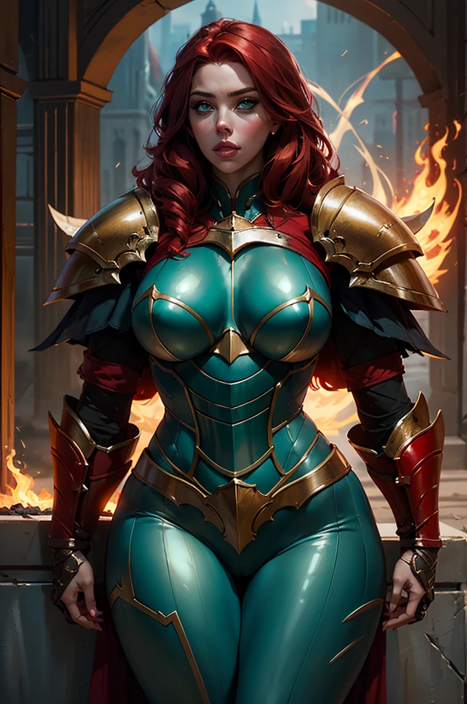 1girl, 35 y.o. woman,((Mera(DCU))), portrait in Justice League style, "Striking green eyes, heavy-lidded and exotic" + "Untouched alabaster complexion, like a porcelain doll" + "Blush-pink, puffy, pouting bimbo lips" + "Candy-red hair, pinned back in a bun" + "Pale, untouched alabaster complexion" + "Perfect, flawless skin" + "Slim, toned figure with large, perky breasts" + "Tight, toned stomach" + "Round, firm buttocks" + "Toned, muscular legs" + "Round, firm, and toned ass" + "Green, skintight, fish-scaled bodysuit" + "Long, flowing train" + "Sheer, silken cape" , posing like a model, volumetric lighting, best quality, masterpiece, realistic, anatomically correct, (strong cinematic lighting), ((rim lighting)), stunning details, intricate details, 8k post-production, High resolution, super details, trending on ArtStation, sharp focus, depth of field f/1.8, studio photos, (((looking at camera)))