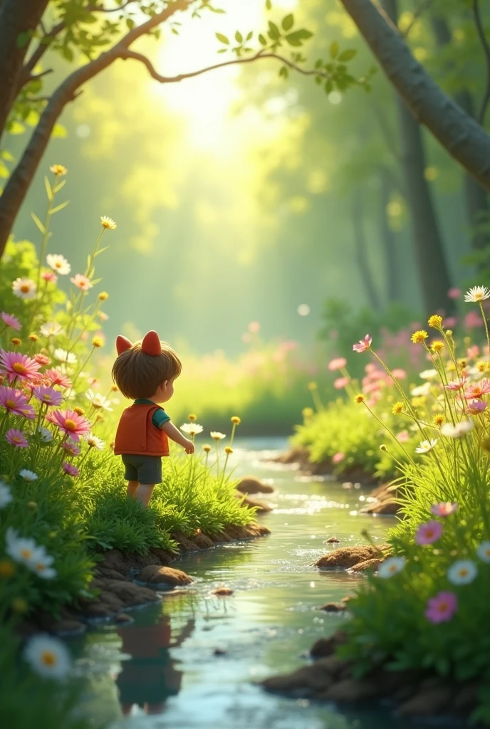 Discovering the MeadowAs Benny ventured further into the meadow, he began to notice the beauty around him. There were colorful flowers swaying in the breeze, sweet-smelling clover to nibble on, and a sparkling stream where he could see his reflection. Benny’s fear started to fade as he realized how much he had been missing.