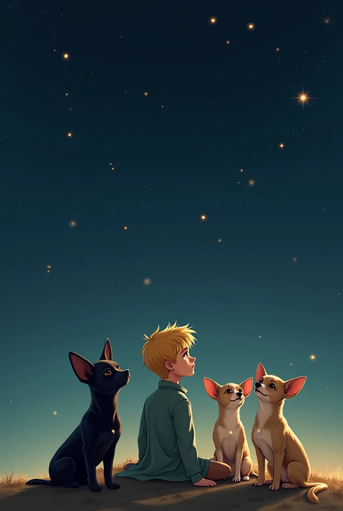 The little prince looking at the stars, three chihuahuas sitting next to him, Two of the Chihuahuas are black and one is blond.
