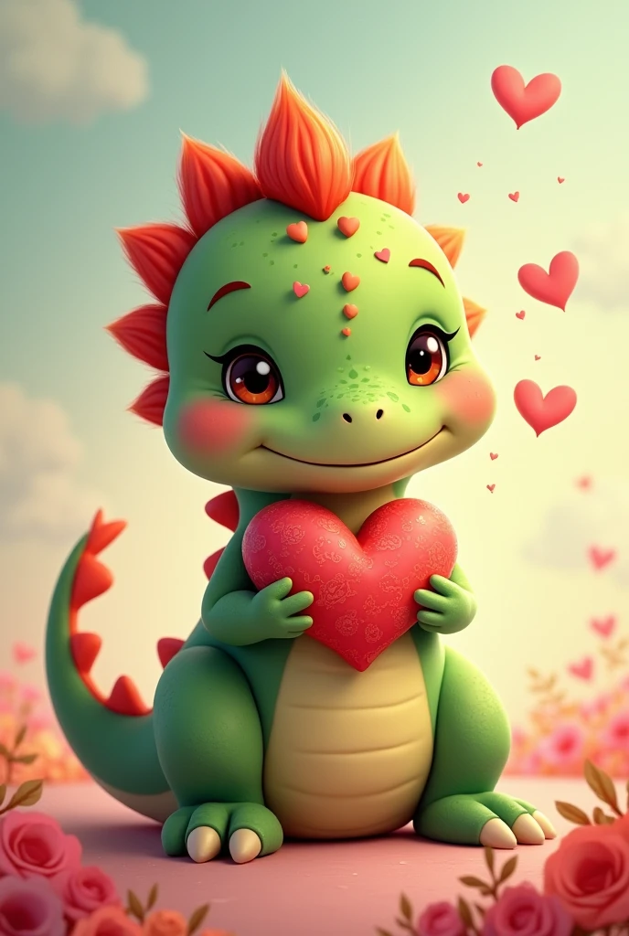 Cute and adorable dinosaur holding a heart, with red hair and green skin, heart shaped moles