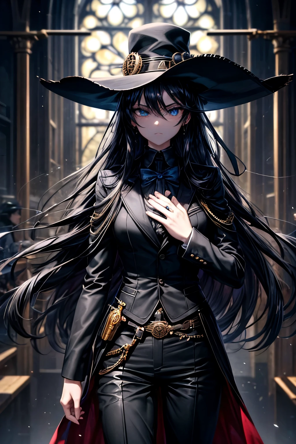 so beautiful,8k,Cowboy Shot,Long Hair,Black Hair,gentleman style,One Girl,Black suit,Black slacks,Exquisite blue eyes,Sad face,Steampunk World,Praying in Church