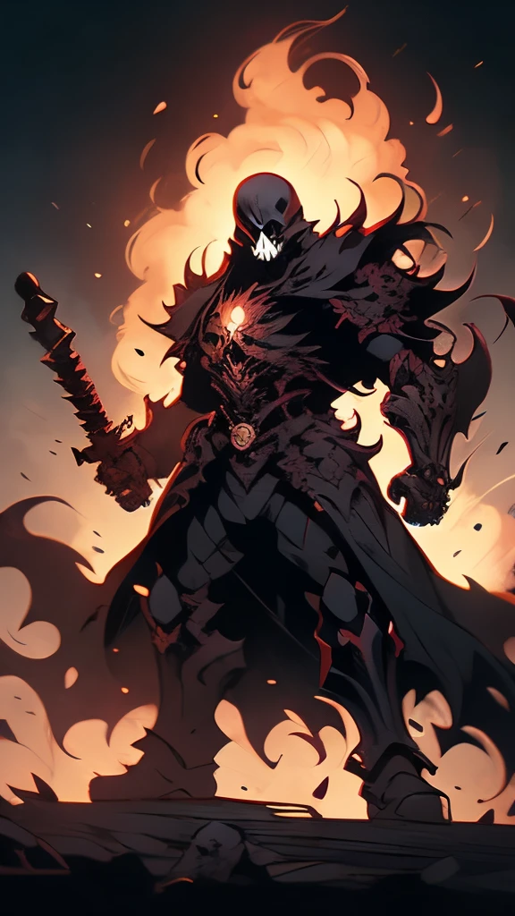 a skeleton with a sword in its hand and flames coming out of it, ghost rider, darksiders art style, godmachine, darksiders style, in the style dan mumford artwork, heavy metal art style, in the art style of dan mumford, badass anime 8 k, berserk art style, background artwork, featured art, dan mumford. concept art, hellfire background