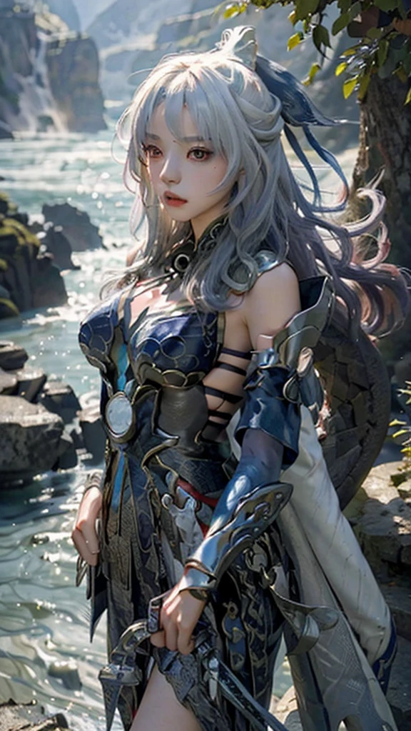 On the mountain coast,A beautiful dragon girl,long hair shawl,Big breasts,Wearing Immortal Clothes,Sword,Perform sword dance alone