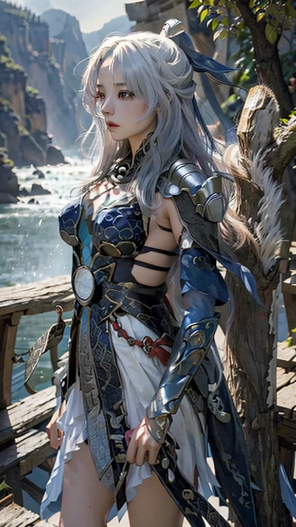 On the mountain coast,A beautiful dragon girl,long hair shawl,Big breasts,Wearing Immortal Clothes,Sword,Perform sword dance alone
