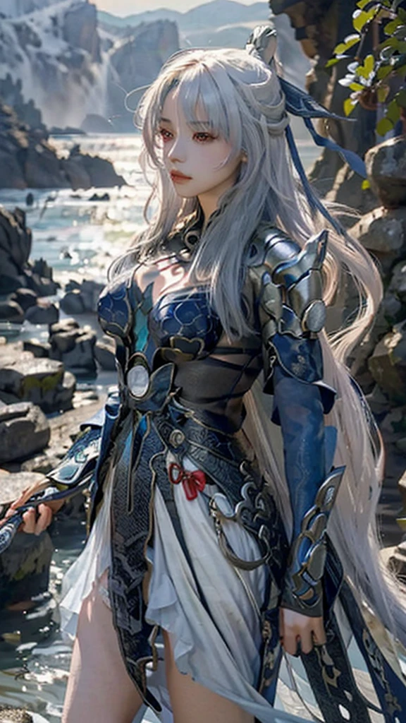 On the mountain coast,A beautiful dragon girl,long hair shawl,Big breasts,Wearing Immortal Clothes,Sword,Perform sword dance alone