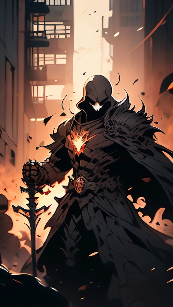 a skeleton with a sword in its hand and flames coming out of it, ghost rider, darksiders art style, godmachine, darksiders style, in the style dan mumford artwork, heavy metal art style, in the art style of dan mumford, badass anime 8 k, berserk art style, background artwork, featured art, dan mumford. concept art, hellfire background