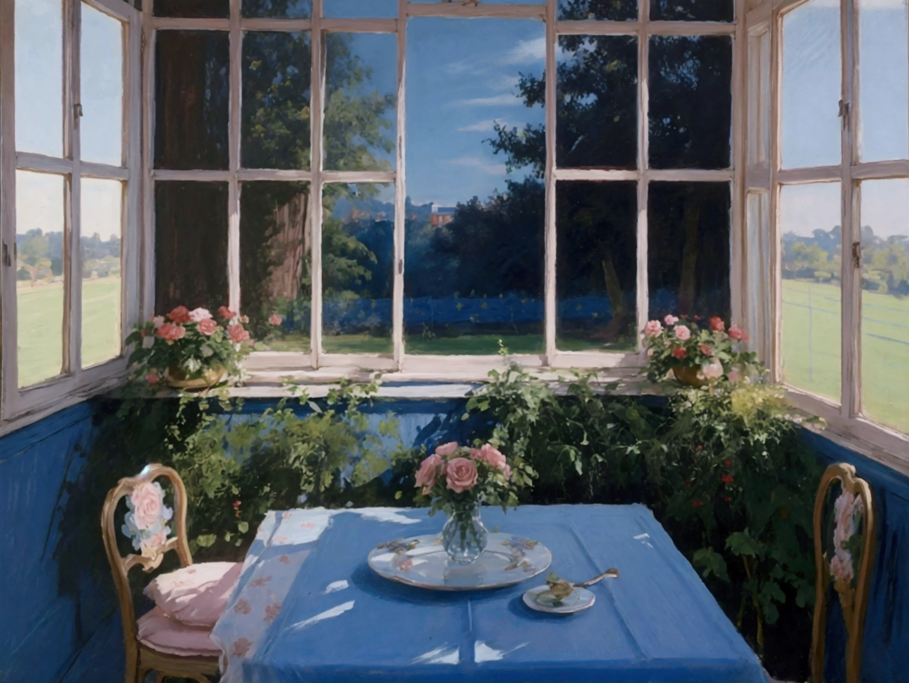pastel colour Dark blue room Rose garden outside the window cute race curtain
