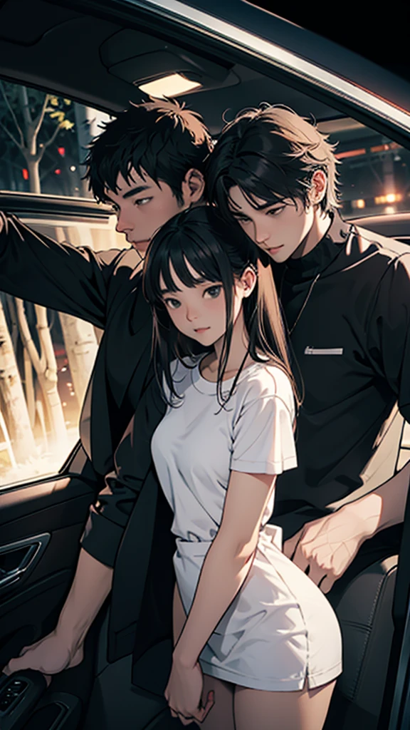 A young couple is romancing inside a car. The woman is wearing short sexy clothes. It is night. There is a forest nearby.