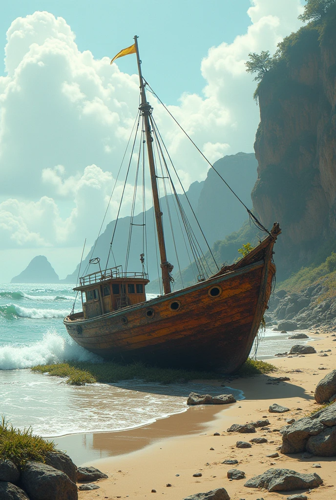 Small boat wrecked on the seashore