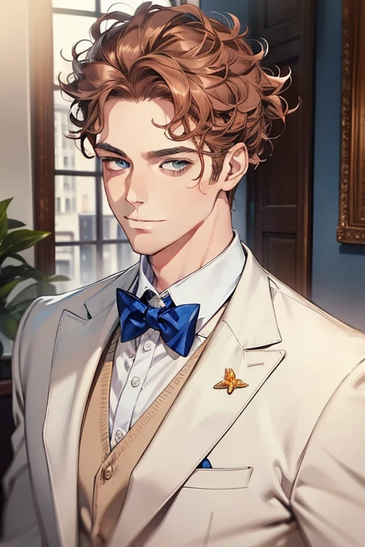 masterpiece, best quality, realistic, 1man, mature male, quiet and charming mature  man, 34 years old, adorable, closed mouth, portrait, extremely detailed face, soft smile, ((dark amber  blue eyes)), ((short-sides-swept curly light brown hair)), [thick eyebrows], living-room, ((white suit))