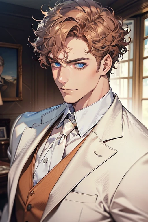 masterpiece, best quality, realistic, 1man, mature male, quiet and charming mature  man, 34 years old, adorable, closed mouth, portrait, extremely detailed face, soft smile, ((dark amber  blue eyes)), ((short-sides-swept curly light brown hair)), [thick eyebrows], living-room, ((white suit))