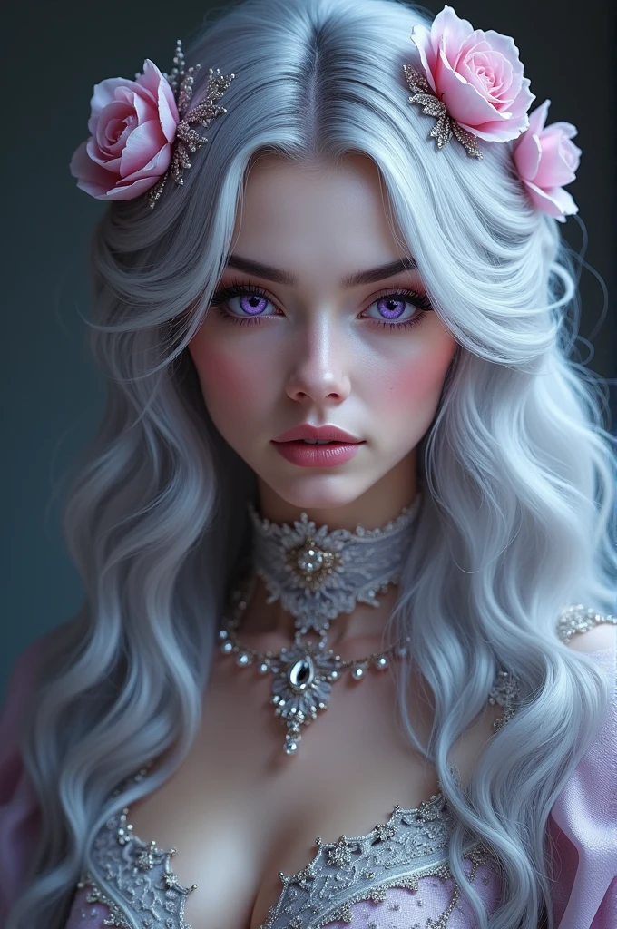 Silver hair, beautiful, long hair, purple eyes, dressed up, flower on head