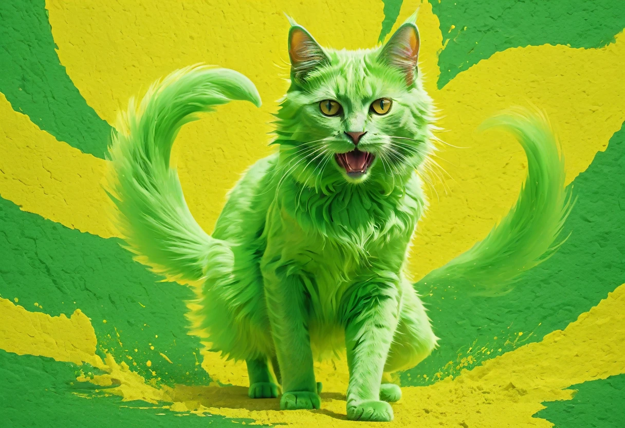 Cat, The Flehmen phenomenon, dancing, Rough Collage, Solid yellow-green background, 