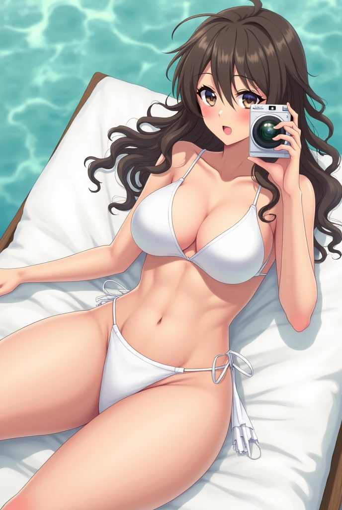 Anime,Hinata hyuga with curly hair and huge breasts sits with her legs stretched out, wearing white color bikini,taking a photo