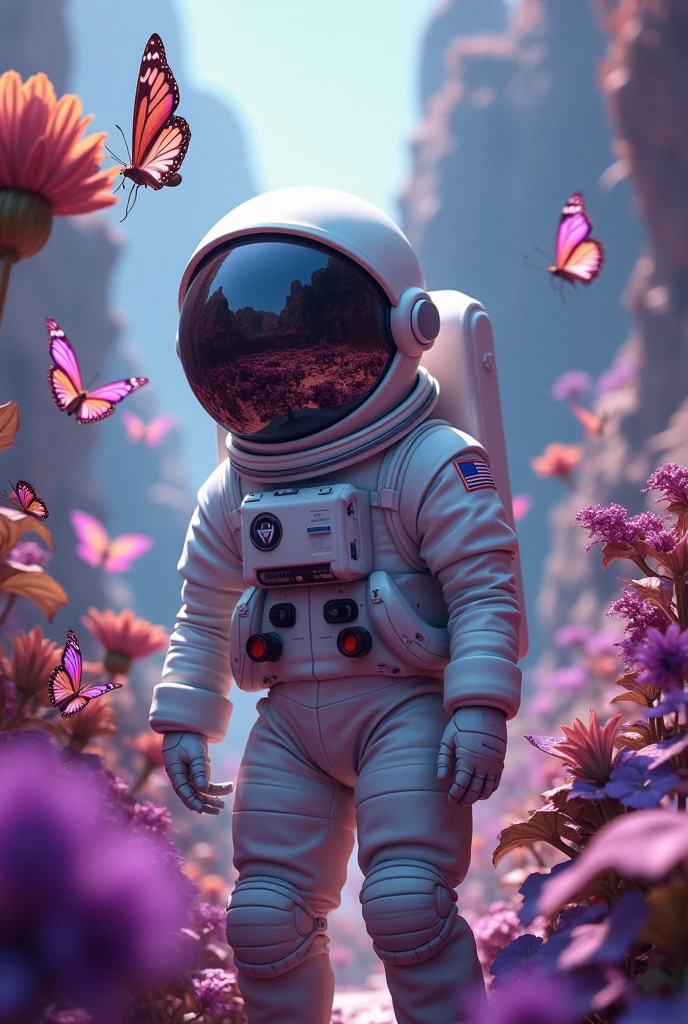 High quality best quality astronaut from the front almost touching a butterfly garden from another planet plants from another planet color of plants purple Helmet large lens reflecting the environment 
