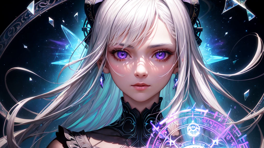 (Masterpiece, best quality, Very detailed, best shadow), (Detailed background,dark fantasy), (Beautifully detailed face), high contrast, (Best illumination, Delicate and extremely beautiful), ((Cinema-grade lighting)), colorful, hyper detail, incredible light, complicated details, (1 girl, alone,white hair, Sharp face,purple eyes, hair between the eyes,Dynamic angle), blood splatter, Black light swirls around the character., depth of field,Black light particles,(broken glass),magic circle,