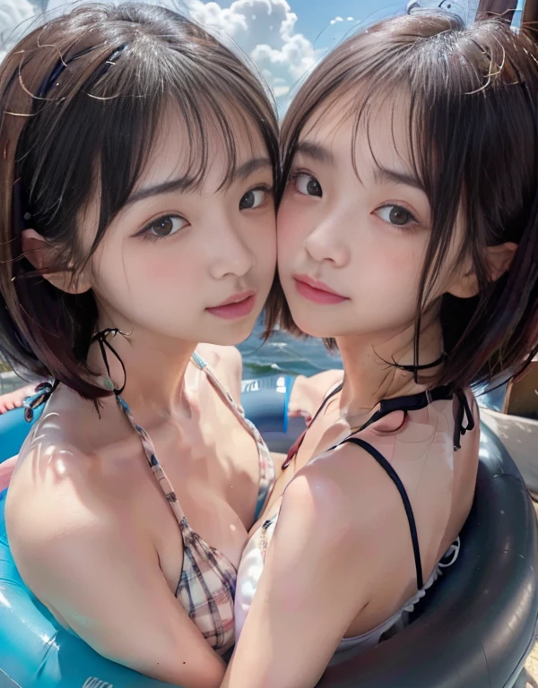 8k,masterpiece,Japanese,best quality, two girls, (kissing:1.4), (bikini:1.4), (innertube1.7), (reluctantly:1,9), (blush:1.4), (breasts:1.1)