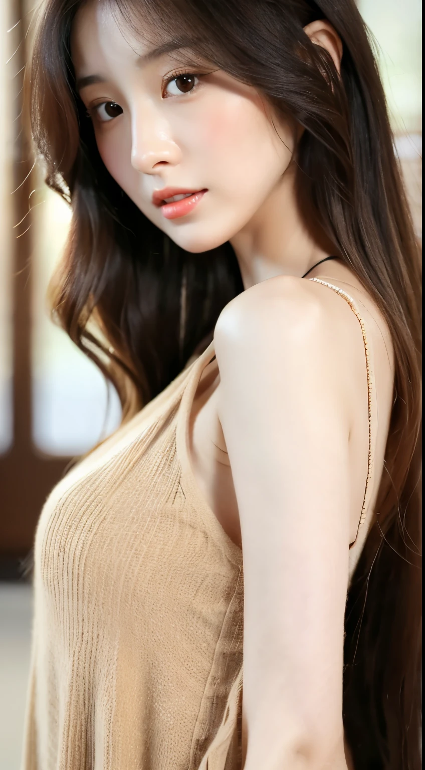 a close up of a woman with long hair wearing a tan top, beautiful south korean woman, korean girl, sakimichan, jaeyeon nam, gorgeous young korean woman, sun yunjoo, pale fair skin!!, heonhwa choe, 2 7 years old, korean woman, gongbi, pale porcelain white skin, beautiful young korean woman