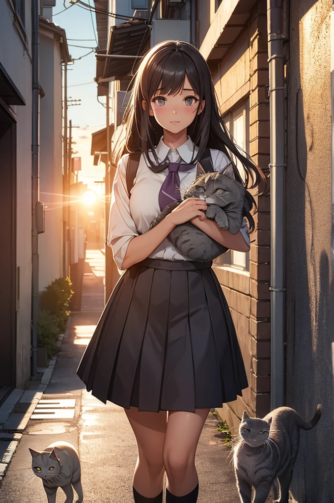 girl in school uniform petting a grey cat, alleyway, sunset, close up