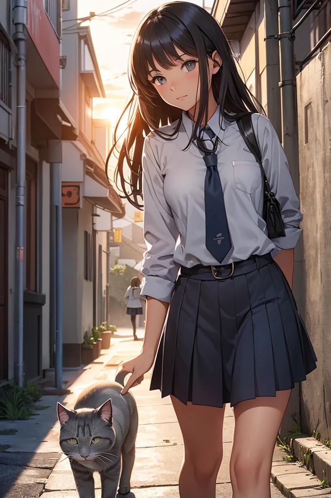 girl in school uniform petting a grey cat, alleyway, sunset, close up