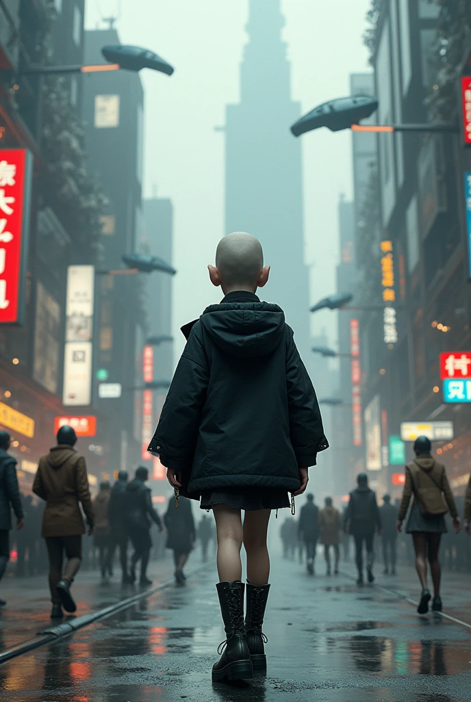 Girl walking on the streets in big city, but all people are aliens. And she is the only human. Your girl style, bald spot, with broken stocking, and a large black jacket, White skin. Wearing military boots. Let the aliens be noticed, pero la chica bald spot y estando de espalda , but the aliens are close to her 