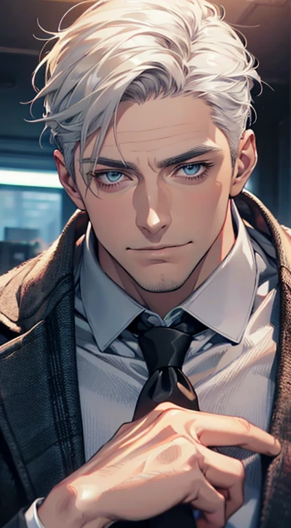 (best quality,4k,8k,highres,masterpiece:1.2),ultra-detailed,(realistic,photorealistic,photo-realistic:1.37),1 man,31 years old,mature man,very handsome,without expression,smile,short grey white hair,blue eyes,penetrating gaze,perfect face without errors,imposing posture,businessman,office background,cinematic lighting,hdr image