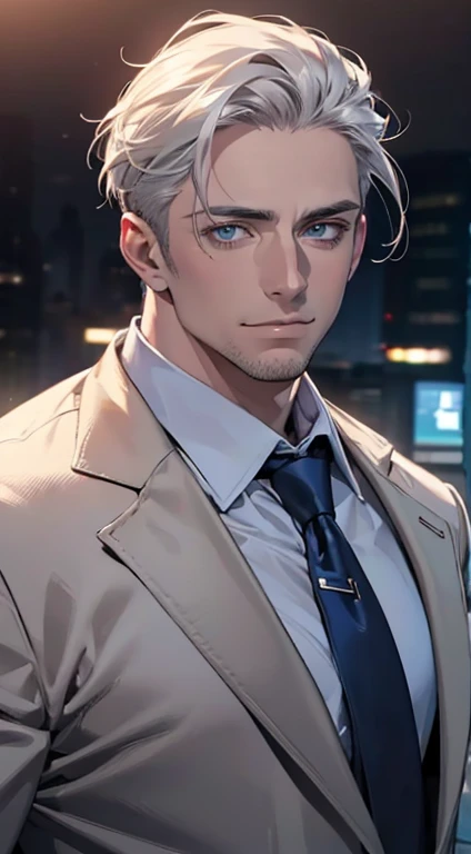 (best quality,4k,8k,highres,masterpiece:1.2),ultra-detailed,(realistic,photorealistic,photo-realistic:1.37),1 man,31 years old,mature man,very handsome,without expression,smile,short grey white hair,blue eyes,penetrating gaze,perfect face without errors,imposing posture,businessman,office background,cinematic lighting,hdr image