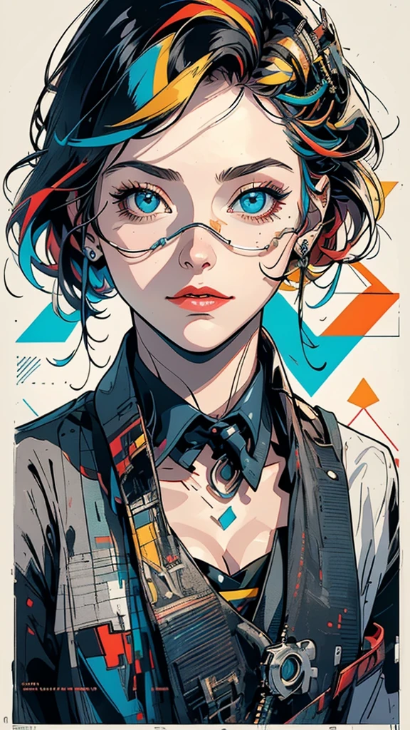 (((masterpiece, highest quality))),(((solo:1.2))),(((1girl:1.2))),32k wallpaper, very detailed, poster, vintage science fiction,(((((geometric cinematic movie poster))))), (bauhaus), shape,(((abstract))),(mid century modern),movie poster,(((((portfolio))))),(((((Close-up))))),(((((bust up))))),((((more various angle)))),(((highlight))),((((heterochromia)))),(((complete. detailed face))),(((Extremely talented))),(((((most complecated machine))))),Colorful color scheme,(Cleavage),(((((unlimited mechanic Workaholic))))),(((Absolutely blank background)))