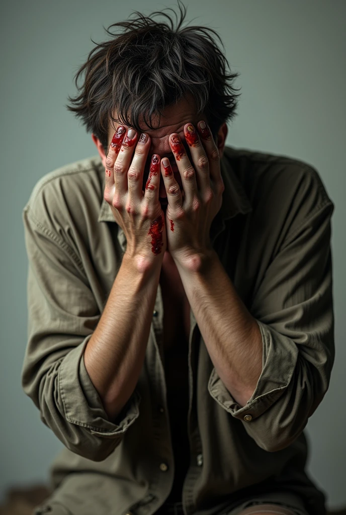 full body of a man crying while covering his face and his wands were full of wounds and blood and his clothes were old and dirty