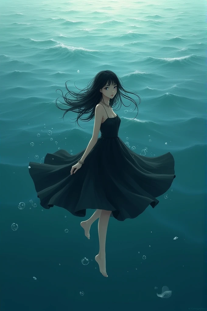 A  girl wearing a black dress with black training with a beautiful face and black hair is swimming in the sea. 