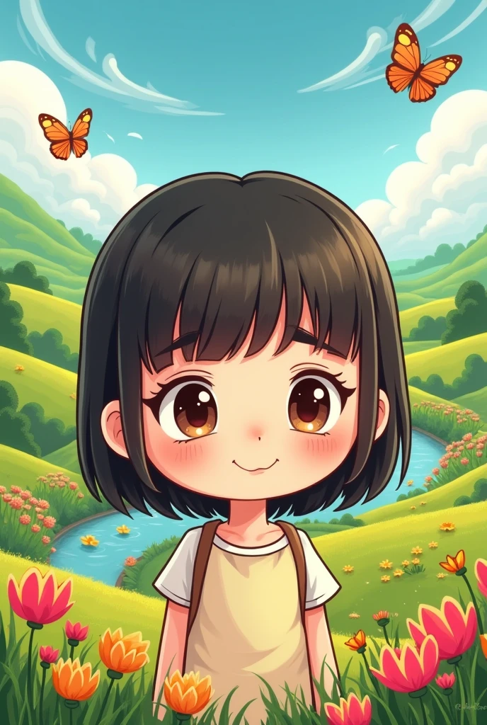 Cartoon style drawing of a short-haired girl with thick eyebrows in the countryside