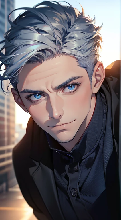 (best quality,4k,8k,highres,masterpiece:1.2),ultra-detailed,(realistic,photorealistic,photo-realistic:1.37),1 man,31 years old,mature man,very handsome,without expression,smile,short grey blue hair,blue eyes,penetrating gaze,perfect face without errors,imposing posture,businessman,office background,cinematic lighting,hdr image