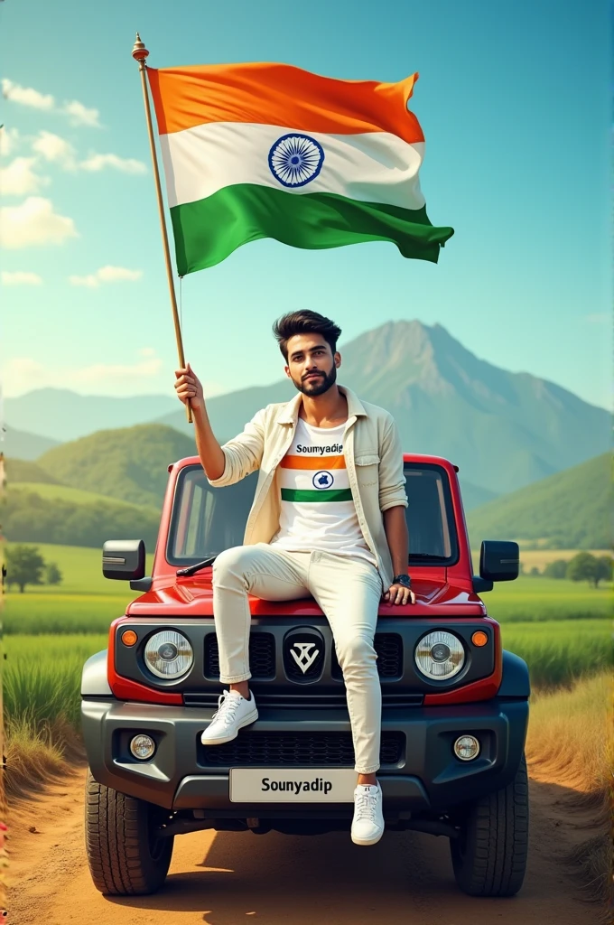 Create an Real image featuring a young man sitting on the hood of scorpio car with Indian's scenic background. He's holding a flag celebrating Indian 15th August. The boy wears a tirnga T-shirt with 'soumyadip' printed on it, white jacket, white pants, white shoes 