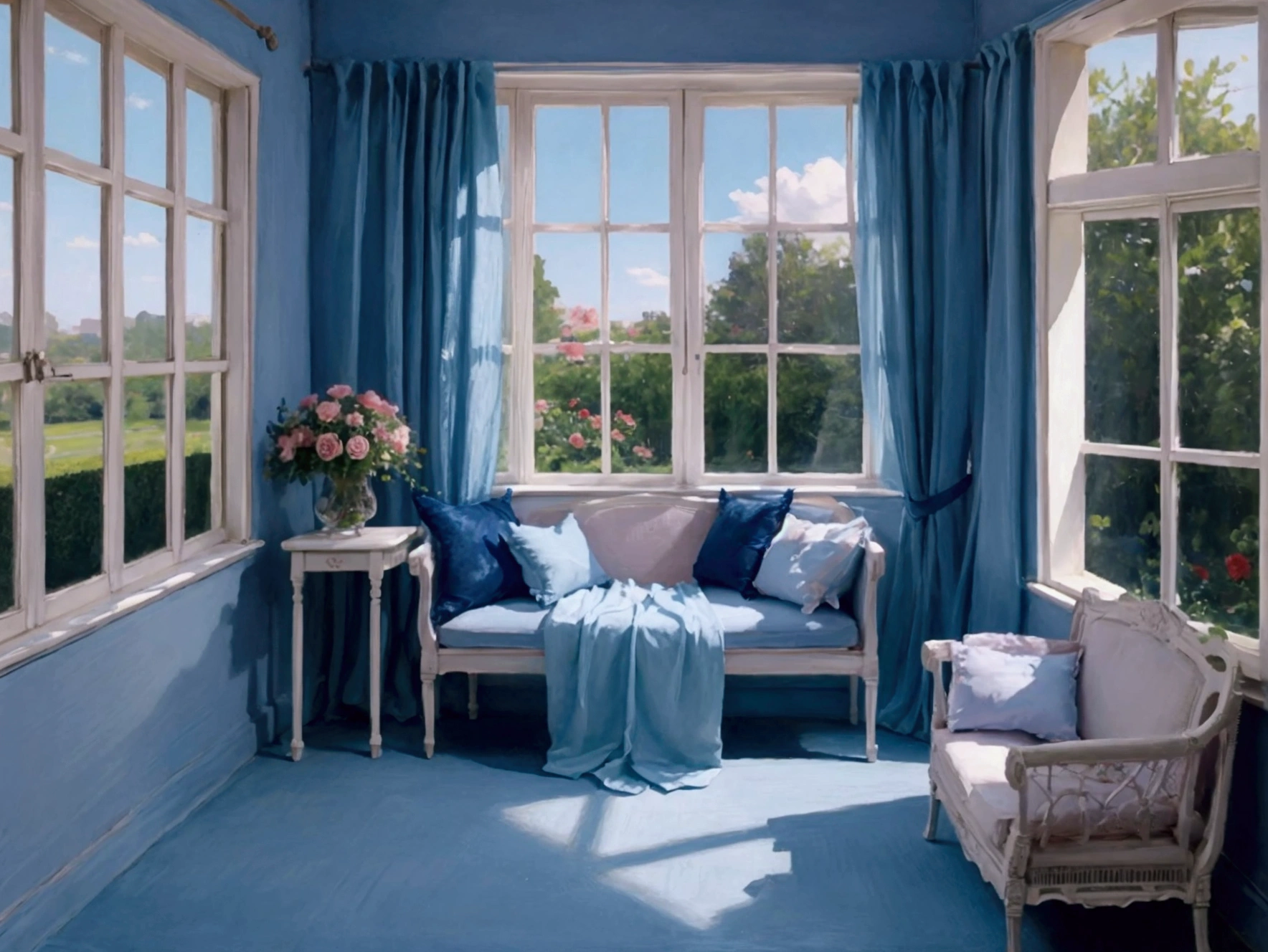 pastel colour Dark blue room Rose garden outside the window cute race curtain