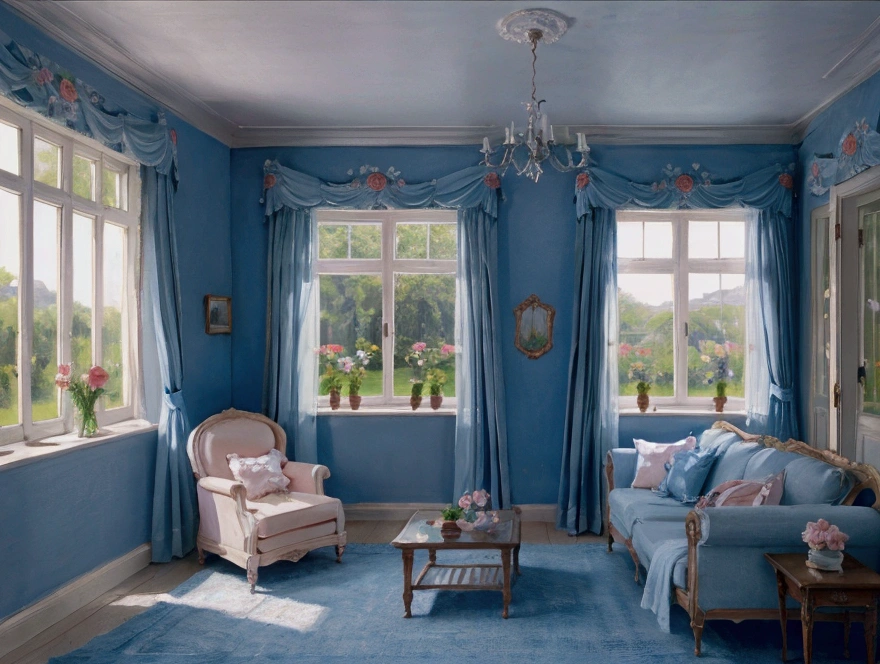 pastel colour　Dark blue　room　Rose garden outside the window　cute　　race　curtain　