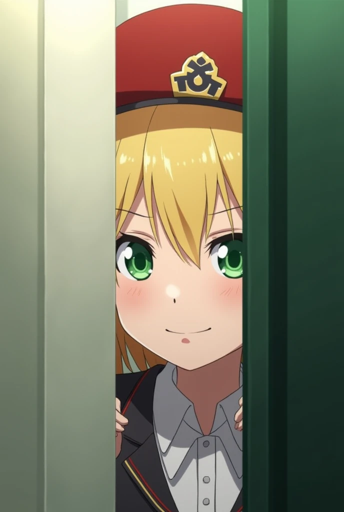 Peering in from the side of the wall is Shigure Ui. Shigure Ui is a -yeld wiblonde hair and green eyes.。
Wearing a red hat and uniform
