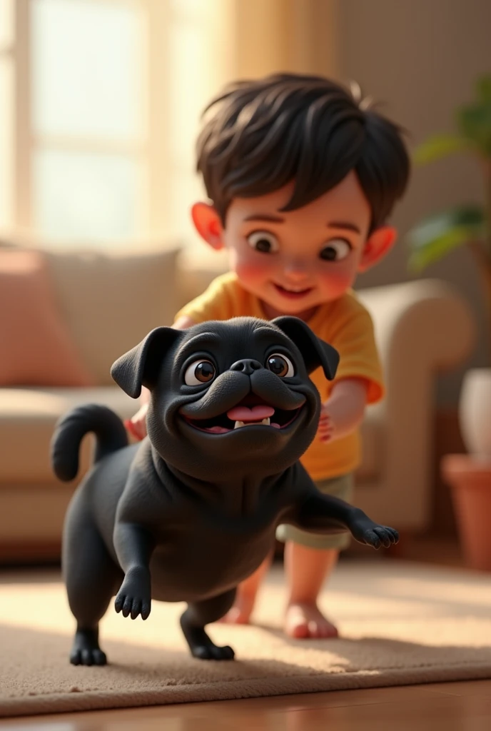 Black pug selling shanks next to a chubby baby